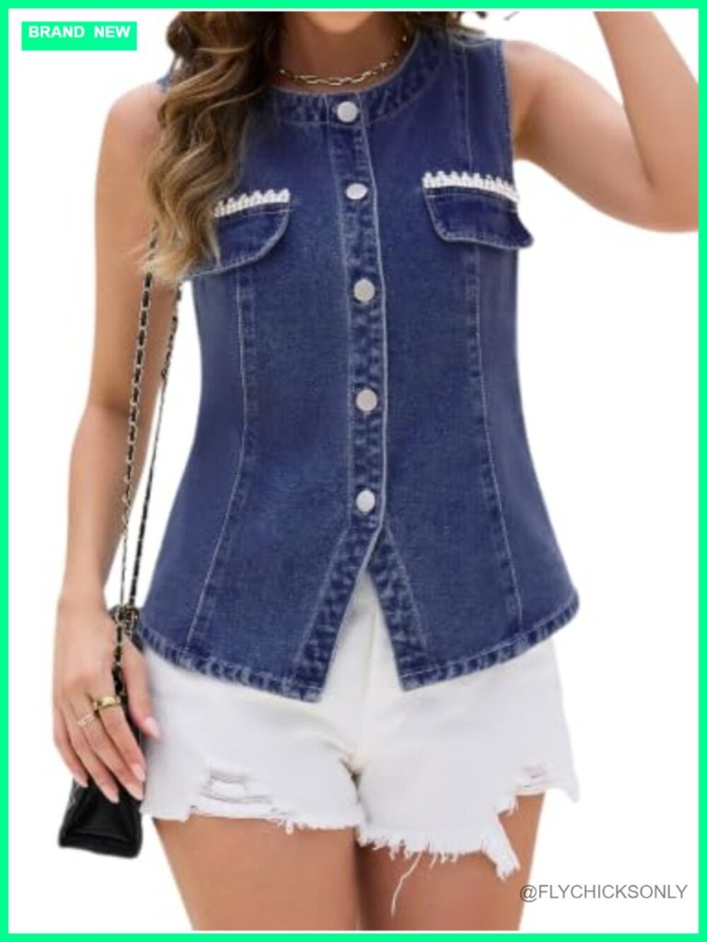 Womens Denim Vest Rhinestone Slim Fit Sleeveless Button Down Jean Top